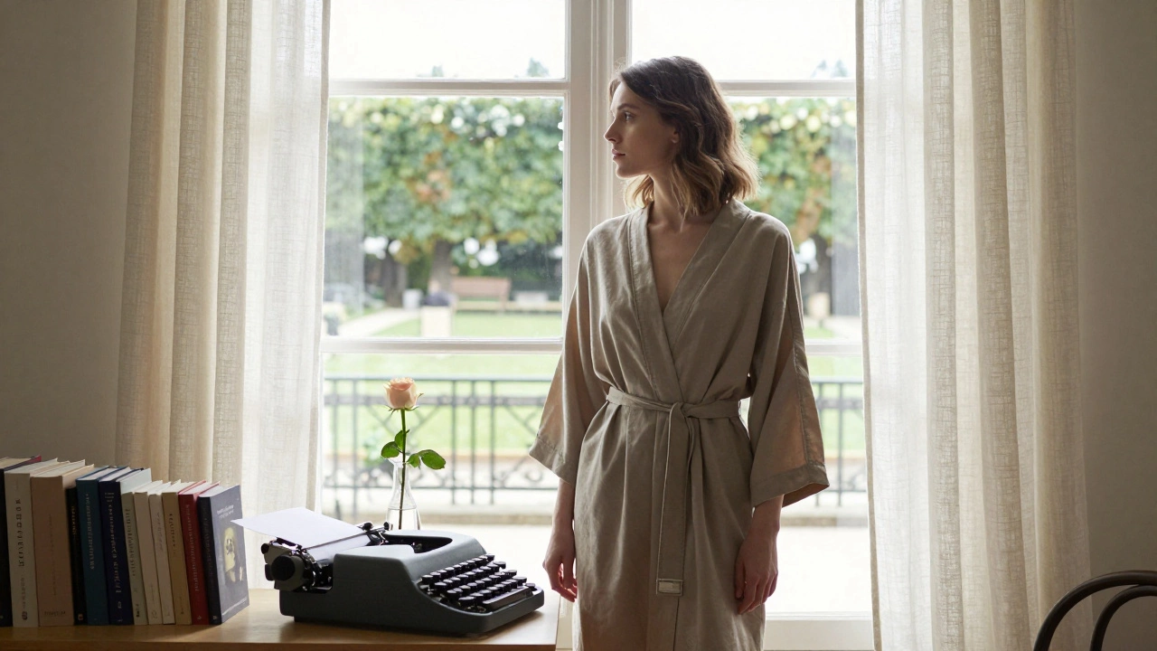 A woman stands alone in a sunlit Paris apartment, surrounded by books and art, radiating calm independence.