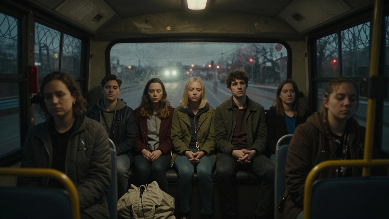 Six detained individuals sit silently on a bus at night, their expressions hollow as the border checkpoint glows faintly outside.