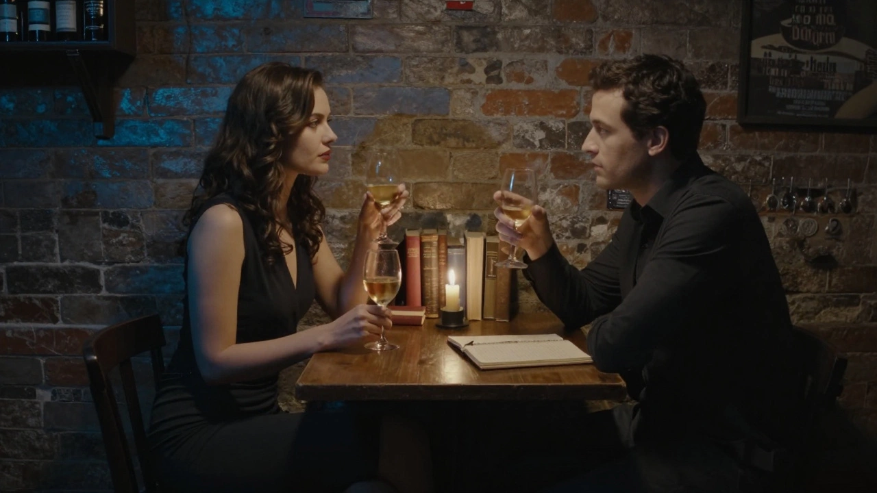 Two people sit in a cozy Parisian basement bar, sharing wine and silent understanding.