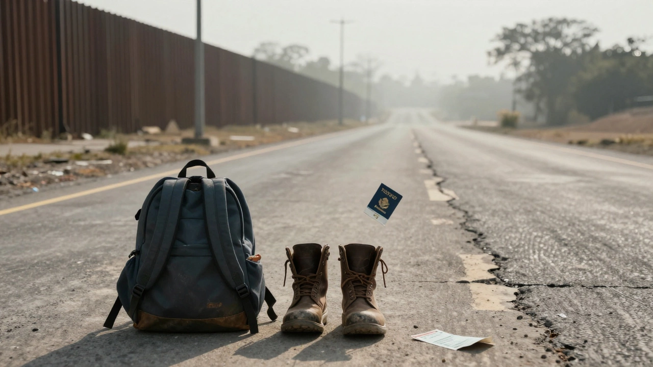 Worn boots and a backpack left behind at a border crossing, with a torn boarding pass blowing in the wind toward Mexico.
